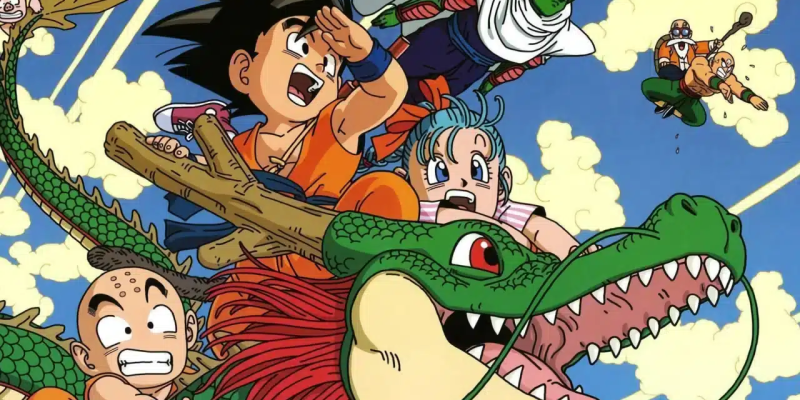Goku, Bulma, and Krillin ride Shenron