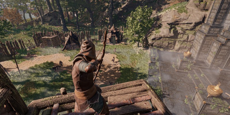 An archer firing a bow in Enshrouded. This image is part of an article about how to repair weapons and equipment in Enshrouded.