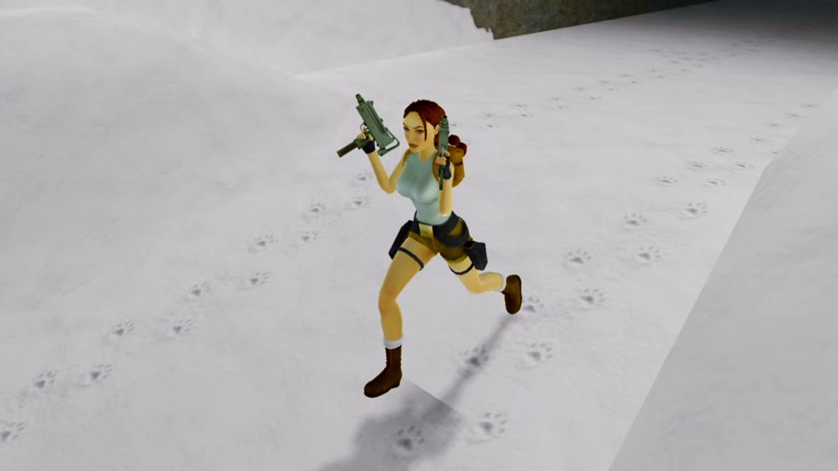 Lara Croft in Tomb Raider I-III Remastered, with a pair of uzi guns. 