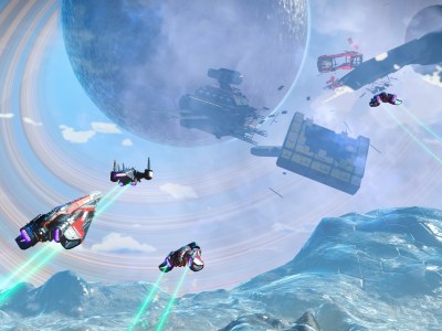 Several spaceships flying around in No Man's Sky, against a blue planet.