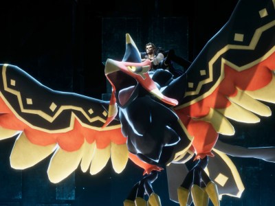 The player riding a giant orange and black bird in Palworld.