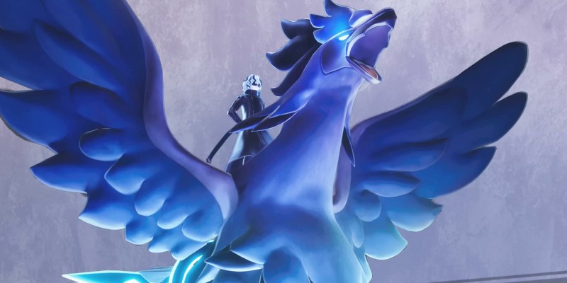 A grey-haired, anime-style character sitting on top of a huge blue bird in Palworld.