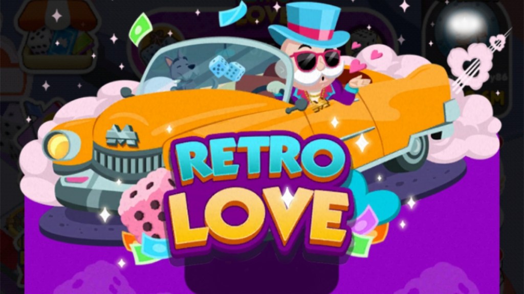 An image for the Retro Love event showing Mr. Monopoly in a fancy car above the logo for the event.