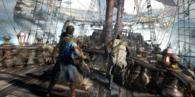 The deck of a pirate ship in Skull & Bones. There are two pirates standing on it as the ship leans.
