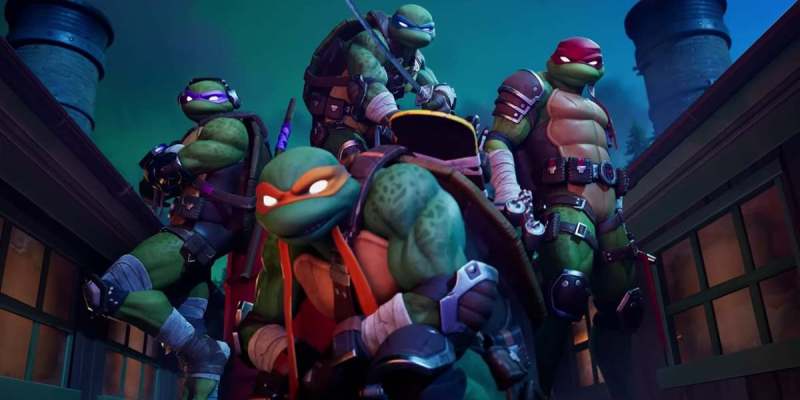 TMNT in the Fortnite cinematic. This image is part of an article about how to time travel into the future slowly in Fortnite.