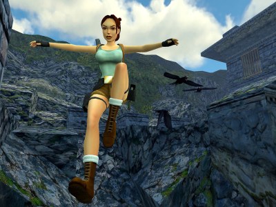 Lara Croft jumping down in Tomb Raider