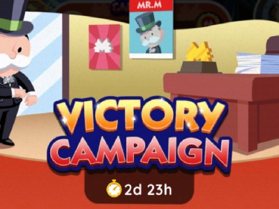A header image for the Victory Campaign event in Monopoly GO showing Mr. Monopoly in a campaign office.
