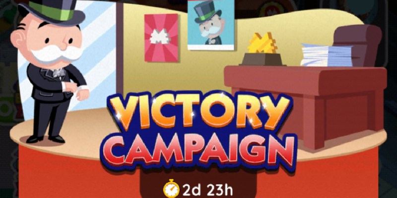 A header image for the Victory Campaign event in Monopoly GO showing Mr. Monopoly in a campaign office.